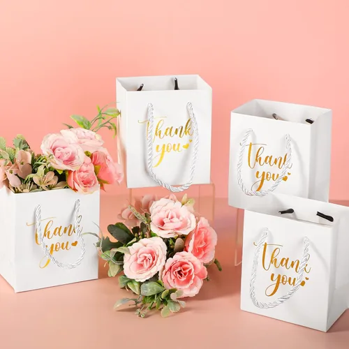 Miniatura 2 de Honoson 30 Piezas Mini Bolsas de Regalo con Asa 4 x 2.75 x 4.5'' Pequeñas Bolsas de Agradecimiento de Papel Metalizado para Navidad Boda Baby Shower