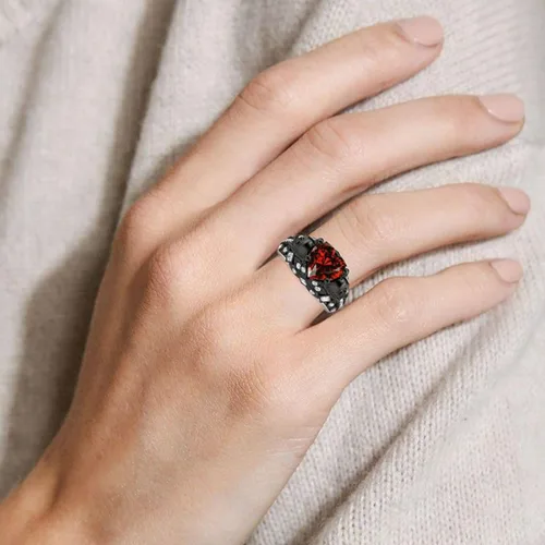 Miniatura 7 de Jeulia Juego de anillos de compromiso de calavera de 2.55 quilates, plata de ley con corte de corazón, diamantes rojos, anillos de rubí, circonita