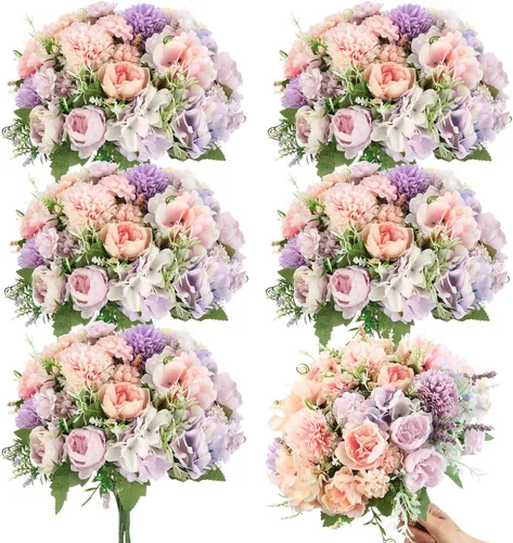 Miniatura 9 de Tigeen Flores artificiales, peonías artificiales, flores de seda, peonía sintética, ramo de hortensias de seda para mesa de boda, centro de mesa