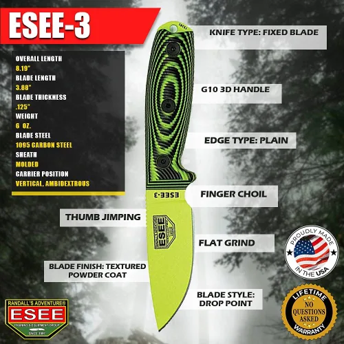 Miniatura 6 de ESEE -3 1095 acero al carbono, funda negra (hoja verde venom, verde neónnegro G-10 mango 3D)