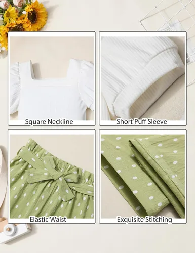 Miniatura 51 de DONWEN Conjunto de 3 piezas de ropa para niñas pequeñas y niñas con cuello cuadrado + pantalones elegantes + diadema para primavera y verano