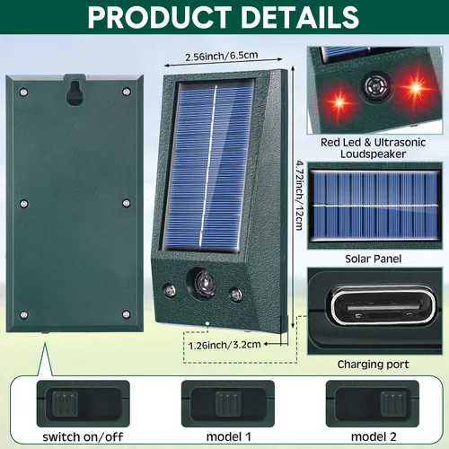 Miniatura 2 de Qualirey Repelente solar ultrasónico de animales para exteriores, dispositivos repelentes de ratones con luz estroboscópica intermitente, repelente