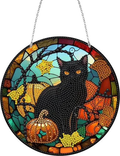 LUSandy DIY 5D Halloween Calabaza Gato Diamante Kits de Pintura de Diamantes Cartel Colgante Letrero Arte de Pared Gato Diamante Arte Suncatcher