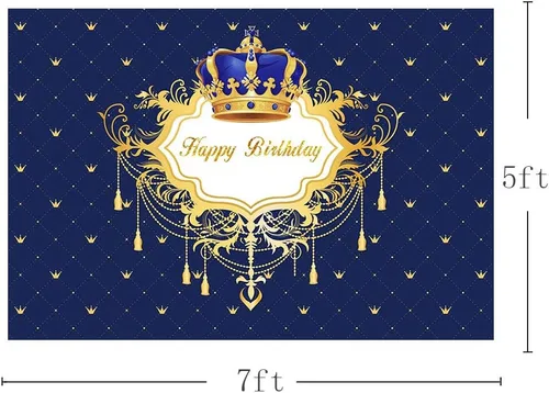 Miniatura 3 de Fondo de fotos de feliz cumpleaños azul y dorado para niño, corona de príncipe pequeño, decoración de fiesta, pancarta para fotografía de 7 x 5 pies