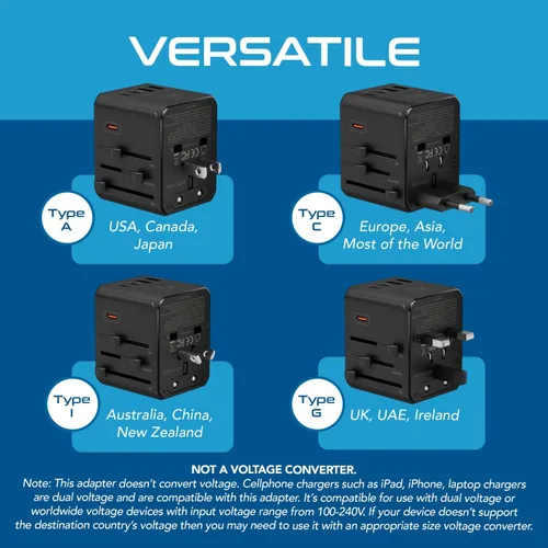 Miniatura 6 de Ceptics Adaptador de viaje universal 8 en 1 para la UE, Reino Unido, EE. UU., AU y más, adaptador de viaje mundial, 2X enchufe de EE. UU., enchufe