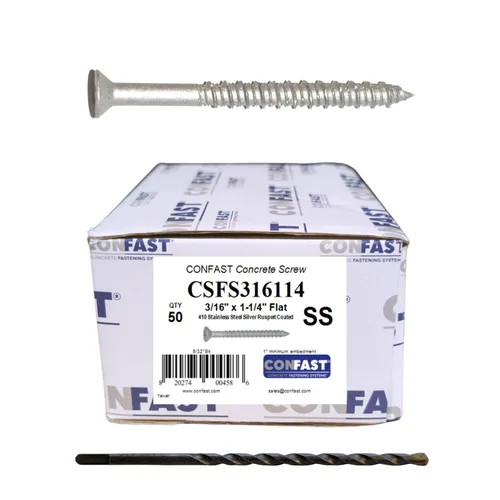 Miniatura 13 de CONFAST - Tornillos para hormigón de 1/4" x 2-1/4" de acero inoxidable 410 Phillips planos con cabeza cuadrada embotada con broca para hormigón