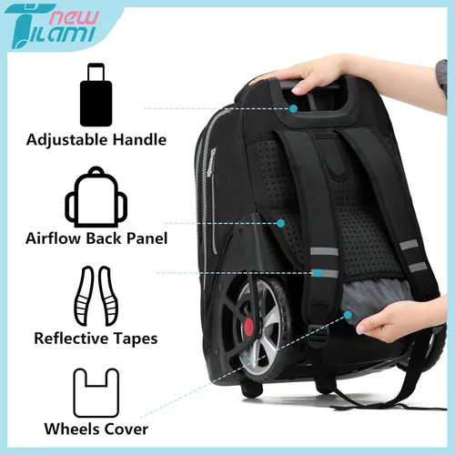 Miniatura 16 de NEW TILAMI Mochila con ruedas de 19 pulgadas con bolsa de almuerzo para niñas y niños, mochila para laptop con ruedas, bolsa de mano duradera