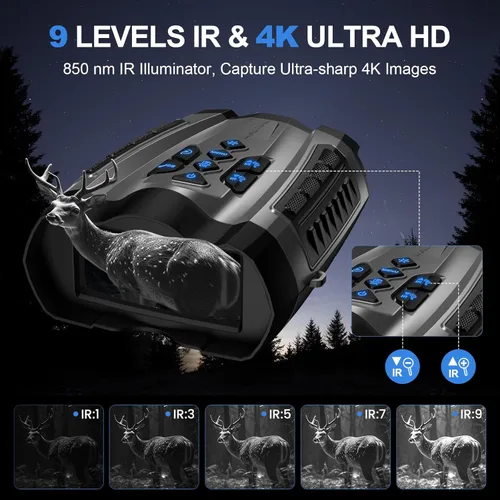 Miniatura 2 de WARMTUYO Gafas de visión nocturna, prismáticos infrarrojos 4K con cámara, visión nocturna de 9 engranajes con batería de 5000 mAh