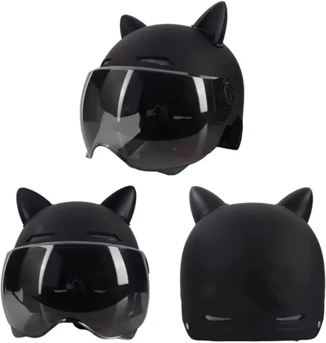 Miniatura 2 de Casco vintage para motocicleta para adultos, con visera solar, diseño retro con orejas de gato, casco de ciclomotor ligero abierto para hombres