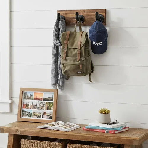 Miniatura 3 de MyGift Perchero de pared de madera quemada y perchero para sombreros con diseño de accesorio de tubería de 3 ganchos