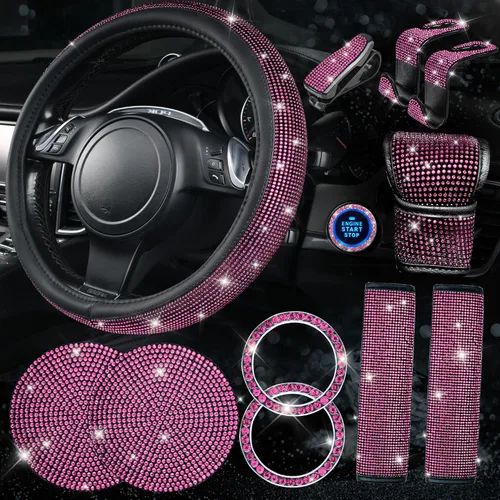 Miniatura 18 de CAR PASS Juego de fundas de asiento de coche con diamantes brillantes de 11 piezas, accesorios de coche con diamantes brillantes para mujer, funda