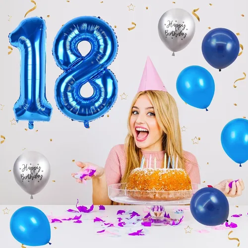 Miniatura 5 de Globos azules del número 18 de 40 pulgadas, globos de cumpleaños de 18 años, globos de látex azul claro y azul oscuro con impresión plateada