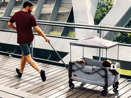Miniatura 5 de EVER ADVANCED Vagón Cochecito de Viaje Plegable en Bolsa para 2 Niños y Carga, Vagón Plegable para Niños Pequeños con Toldo Extraíble, Arnés Gris