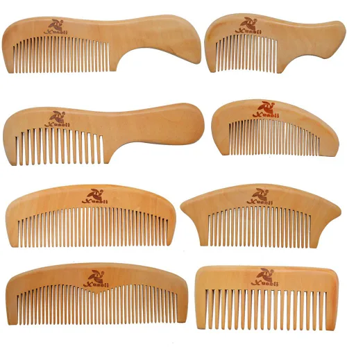 Xuanli® Juego de 8 peines de madera con antiestático y sin enganches, cepillo hecho a mano para barba, cabeza, bigote con caja de regalo (S021)