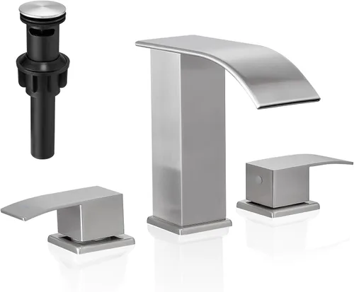 GENBONS Grifo de baño tipo cascada, 3 orificios extendidos, níquel cepillado, 8 pulgadas, 2 manijas, desagüe pop-up, moderno, lavabo de baño,