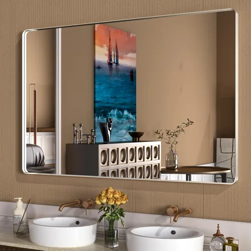 Miniatura 81 de WEER - Espejo de baño dorado, espejo de 40x32 pulgadas con marco de metal dorado cepillado, espejo de tocador de baño de oro para pared