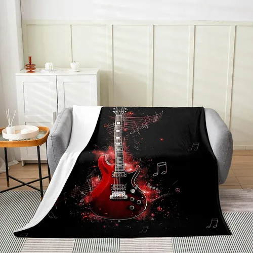 Miniatura 2 de Red Guitar Flannel Fuzzy Blanket,Hip Pop Music Fleece Throw Blanket Kids Girls Boys Home Room Decor,Red Fire Fashion Guitar Bed Blanket,Musical Note