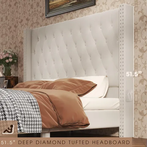 Miniatura 4 de CIKUNASI Base de cama tapizada de terciopelo tamaño Queen con cabecera y almacenamiento, marco de cama alto con 2 cajones, base de cama copetuda