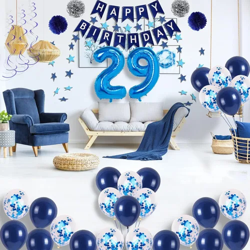 Miniatura 2 de Decoraciones de fiesta de cumpleaños azul número 29 para hombres y mujeres, suministros de globos de feliz cumpleaños 29 con pancarta de feliz