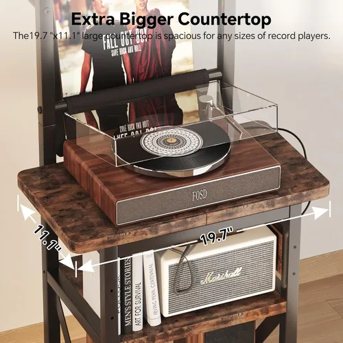 Miniatura 4 de Homeiju Soporte para tocadiscos con toma de corriente, estante de exhibición de discos de vinilo de 6 niveles, mesa de tocadiscos con almacenamiento