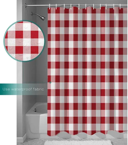 Miniatura 4 de Juego de cortinas de ducha a cuadros rojos, cortina de ducha lavable de 72 x 84 pulgadas con 12 ganchos, cortinas de ducha de tela impermeable a