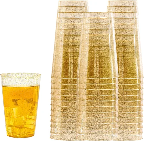 Miniatura 8 de I00000 Paquete de 100 vasos de plástico dorados de 14 onzas, vasos desechables de plástico con purpurina dorada, copas de vino desechables, copas