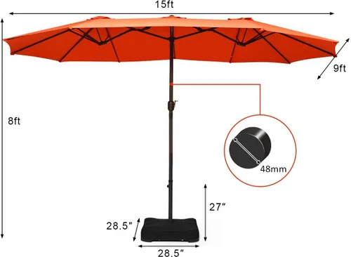 Miniatura 5 de Tangkula Paraguas de doble cara para patio de 15 pies con base, sombrilla de mesa individual extragrande para exteriores con manivela Naranja