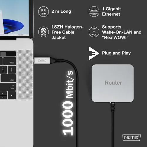 Miniatura 4 de DIGITUS USB to Ethernet Cable - Type-C to RJ45 - USB-C 3.2 Gen1 - 1Gbps - 2m - LSZH - CAT 6A S/FTP - AWG 26 - Plug & Play - Black
