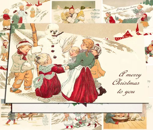 PIXILUV Tarjetas de Navidad con Nieve Navideñas 12 Tarjetas Grandes ~ Navidad Blanca con Familia ~ Tarjetas Postales Navideñas Vintage Reimpresión