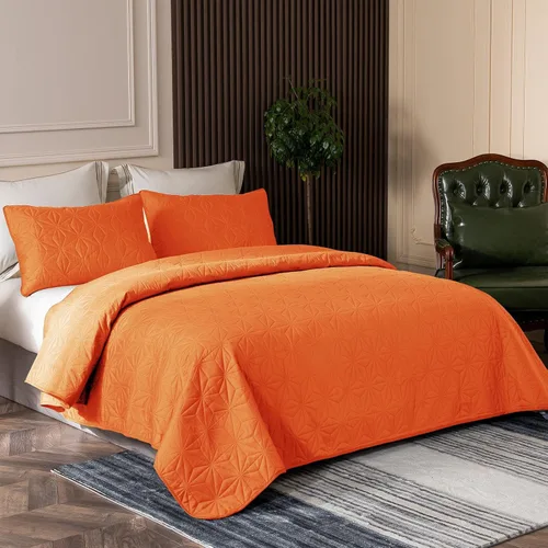 Miniatura 2 de Juego de ropa de cama Whale Flotilla King, colchas suaves de color naranja para cama tamaño King, 3 piezas de colcha geométrica ligera