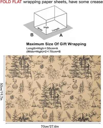 Miniatura 2 de RUSPEPA Papel de regalo Kraft - Diseño de reno negro y árbol de Navidad - Perfecto para Navidad, cumpleaños o cualquier ocasión - 12 hojas dobladas