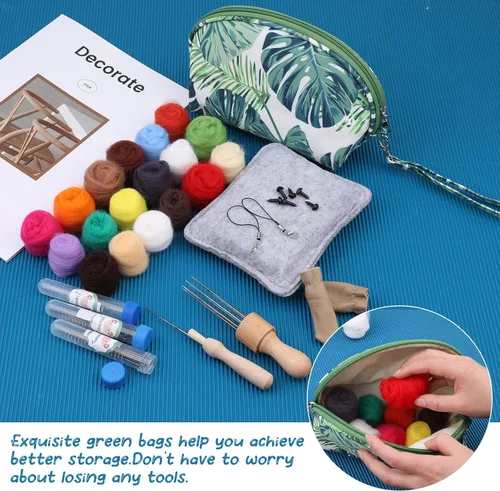 Miniatura 7 de IMZAY Kit de fieltro de aguja, kit de iniciación de fieltro de aguja con exquisita bolsa de almacenamiento verde, juego de 18 colores de lana, kit