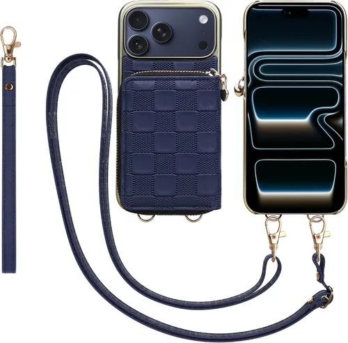 Miniatura 41 de Funda tipo cartera para iPhone 15 de 6.1 pulgadas, bolso cruzado con cremallera y correa para la muñeca con cordón para mujer, tarjetero con bloqueo