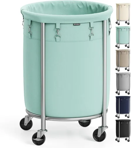Miniatura 14 de Songmics – Cesta de lavandería de 29 galones (110 L) con ruedas, carrito rodante resistente redondo con marco de acero y bolsa extraíble, 2 ruedas