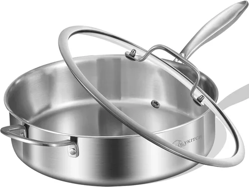 LOLYKITCH Sartén tricapa de acero inoxidable de cuerpo entero de 5.5 QT con tapa, sartén para freír de 12 pulgadas, olla grande, apta para Plateado
