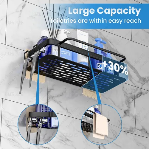 Miniatura 6 de Paquete de 2 organizadores de ducha adhesivos, estantes de ducha de aluminio negro inoxidable con barras de toalla y ganchos, organizadores de baño