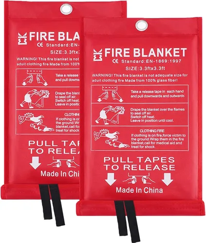 Manta de emergencia contra incendios para el hogar y la cocina, paquete de 2 unidades de 3.3 x 3.3 pies, supresión de fibra de vidrio, ignífuga,