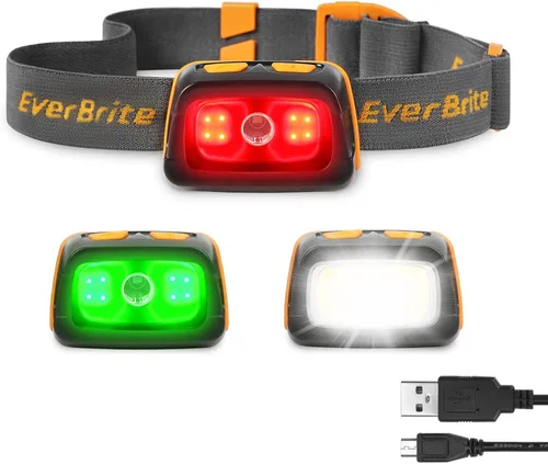EverBrite Linterna frontal recargable - Faro de 350 lúmenes con luz roja/verde y luz trasera, 7 modos de iluminación con función de memoria,