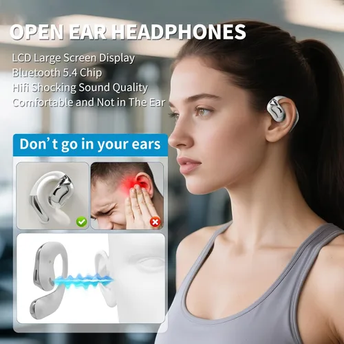 Miniatura 3 de Auriculares de oreja abierta con pantalla táctil, auriculares inalámbricos de conducción ósea Bluetooth 5.4, tiempo de reproducción de 68 horas