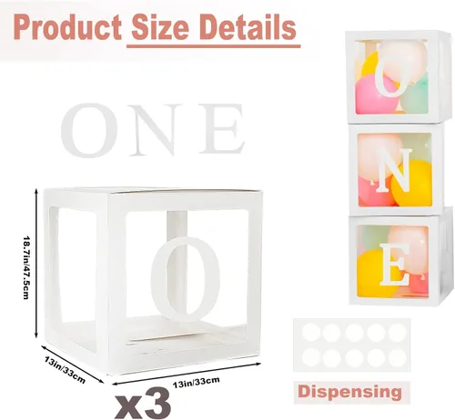 Miniatura 2 de Cajas de globos de primer cumpleaños para niño o niña con letras "ONE" individuales, tres cajas cuadradas blancas transparentes para decoración