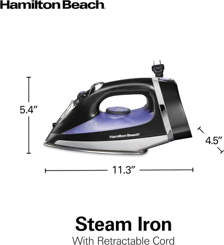 Miniatura 8 de Hamilton Beach Plancha de vapor para ropa y prendas de vestir con suela de acero inoxidable de prensa suave, 1200 vatios, cable retráctil de 8 pies