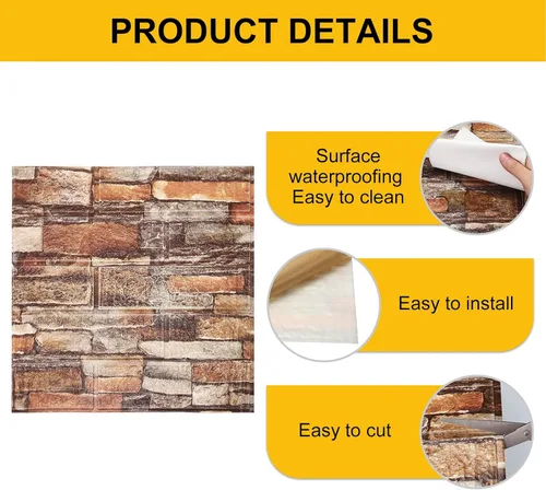 Miniatura 3 de uxcell Paneles de pared 3D para despegar y pegar, 30 piezas de papel tapiz de ladrillo de espuma para dormitorio, panel de pared de piedra