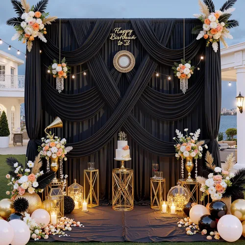Miniatura 2 de Cortina de fondo negra de 10 x 8 pies sin arrugas para fiestas, cortinas de fondo negro de poliéster para graduación, cumpleaños, boda, fiesta
