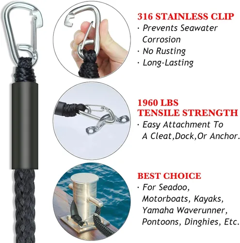 Miniatura 4 de Líneas de defensa de 2.5 pies, 2 piezas, líneas elásticas premium para barco con clip de acero inoxidable 316 para parachoques de barco/defensa