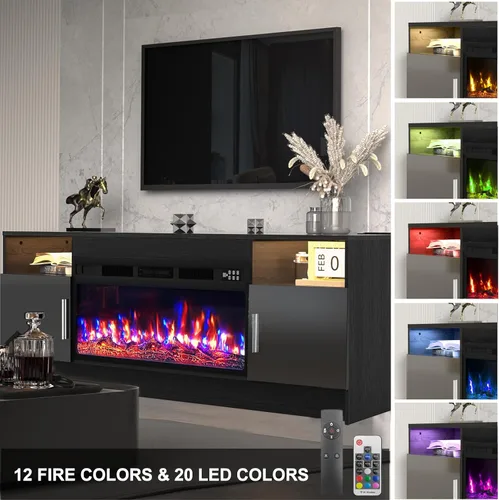 Miniatura 4 de Kucreiheat Soporte de TV negro con chimenea, luces LED, centro de entretenimiento para TV de hasta 80 pulgadas, consola de TV moderna para sala