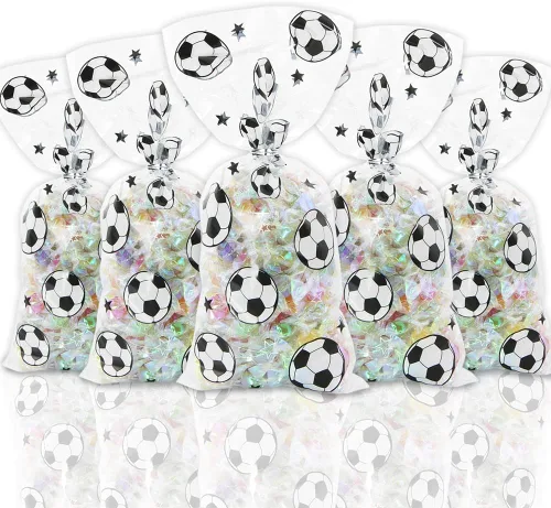 100 bolsas de golosinas de fútbol, bolsas de golosinas de fútbol, bolsas transparentes para violonchelo con lazos giratorios plateados, suministros