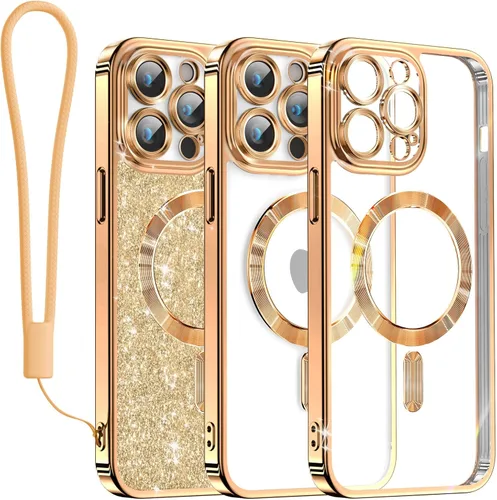 Miniatura 10 de Meifigno Candy Mag Series - Funda diseñada para iPhone 15 Pro, compatible con MagSafe, tarjeta con purpurina y correa de muñeca, protección completa