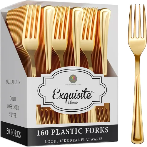 Exquisite Juego de cubiertos desechables de plástico de alta resistencia, 160 piezas de cubiertos de plástico dorado, juego de cubiertos desechables