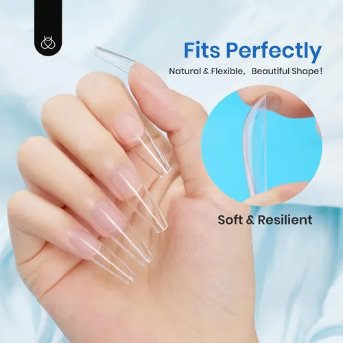 Miniatura 4 de Kit de uñas acrílicas Beetles 500 unidades, uñas postizas largas en forma de ataúd, transparentes, de cobertura completa, suaves, para extensión