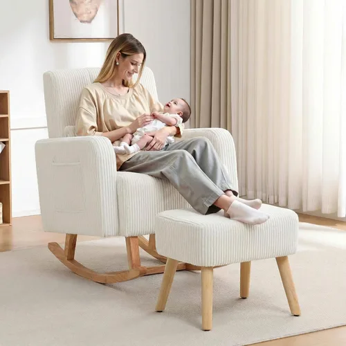 Miniatura 9 de HCHAIRH Mecedora para guardería con otomana, mecedora tapizada con respaldo alto y bolsillo lateral, sillón con patas de madera maciza para Gris